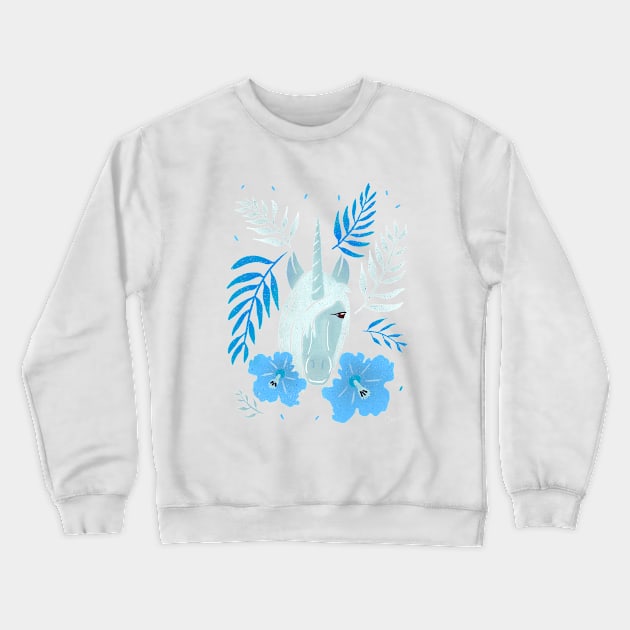 Unicorn and Hibiscus Flowers and Tropical Teaves Crewneck Sweatshirt by OneL Design